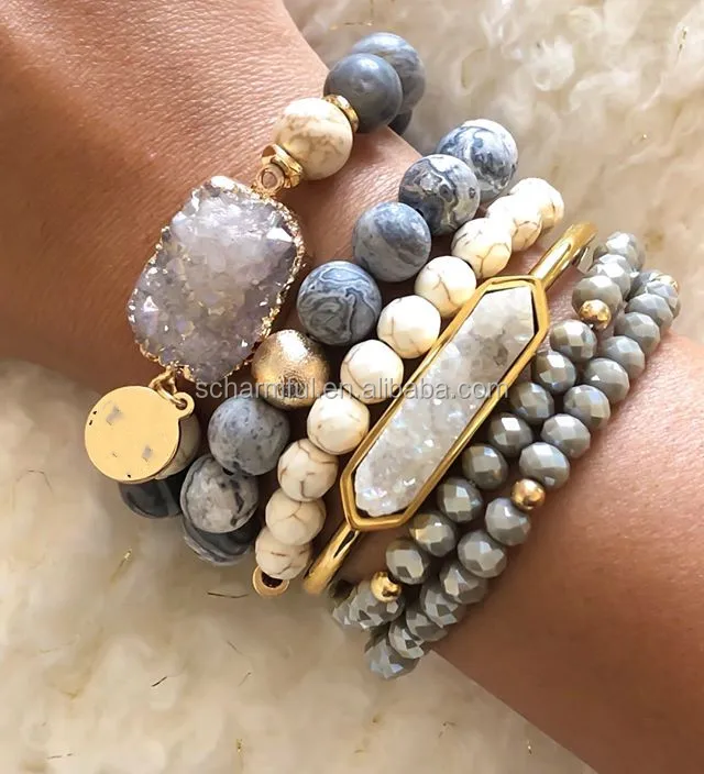 BS197024 Chic Round Gold Metal Spacer Beads Bracelet Large Turquoise Stone Bead Stretch Stack Bracelet