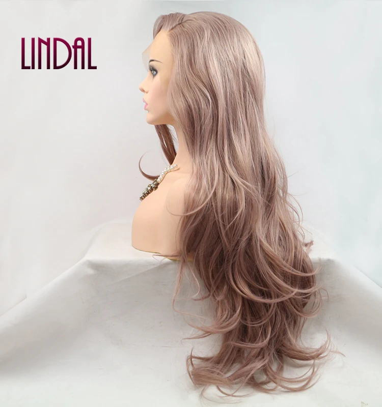 LINDAL Rose Gold Synthetic Lace Front Wig Long Wavy Natural Hairline Heat Resistant Fiber Hair Peach Pink Glueless Lace Wigs