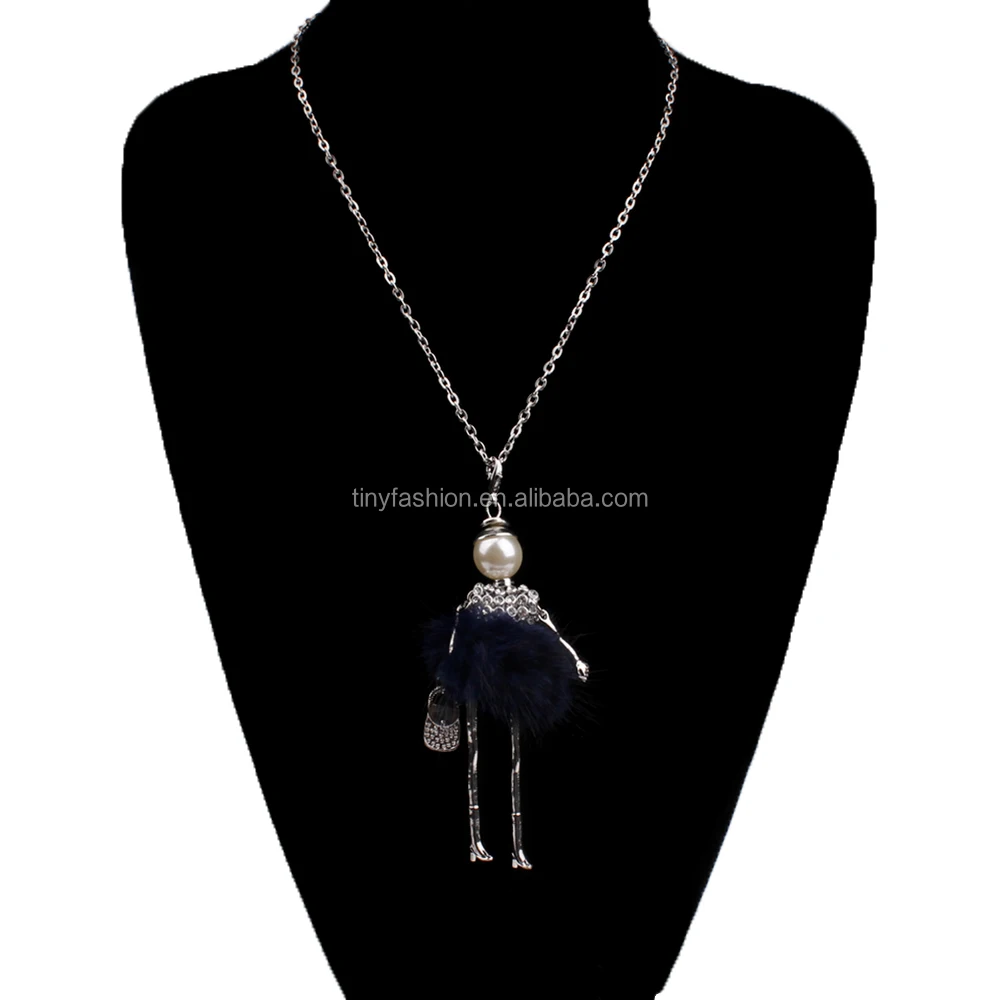 Newest design gold plated cute feather necklace wholesale fashion doll pendant necklace