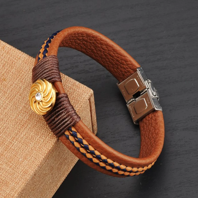 Beautiful Unique Unisex Designs Brown Leather Strap Bracelets With Gold Charms Stud
