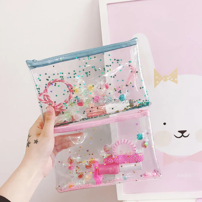 Light Pink Stars Transparent Wallet Clear Zipper Cosmetic Bag PVC Purse Organizer Bag Glitter Bag