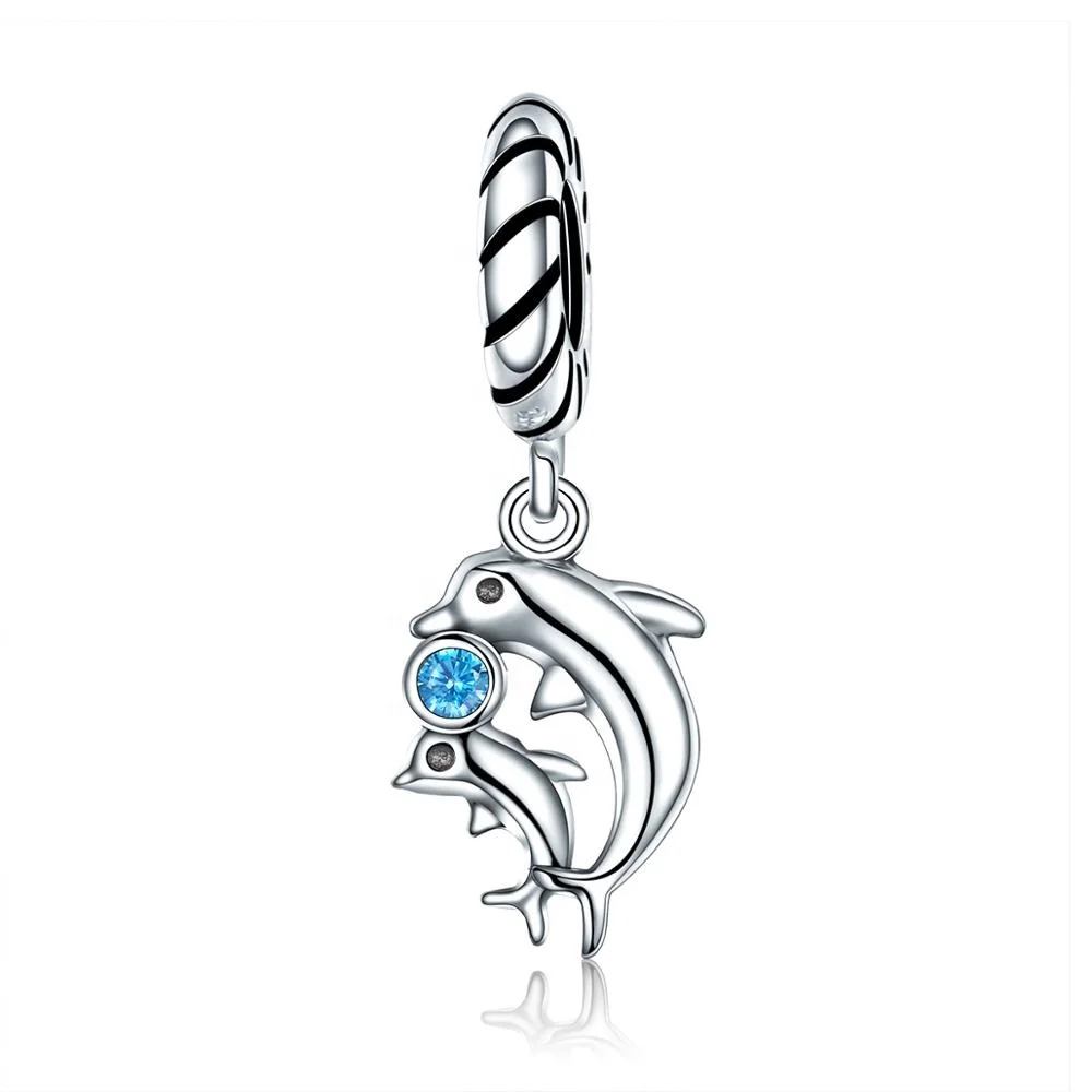 Qings 925 Sterling Silver Blue Dolphins Charm for DIY Bracelet Sea Animal Pendant With Crystal Necklace Mother Children