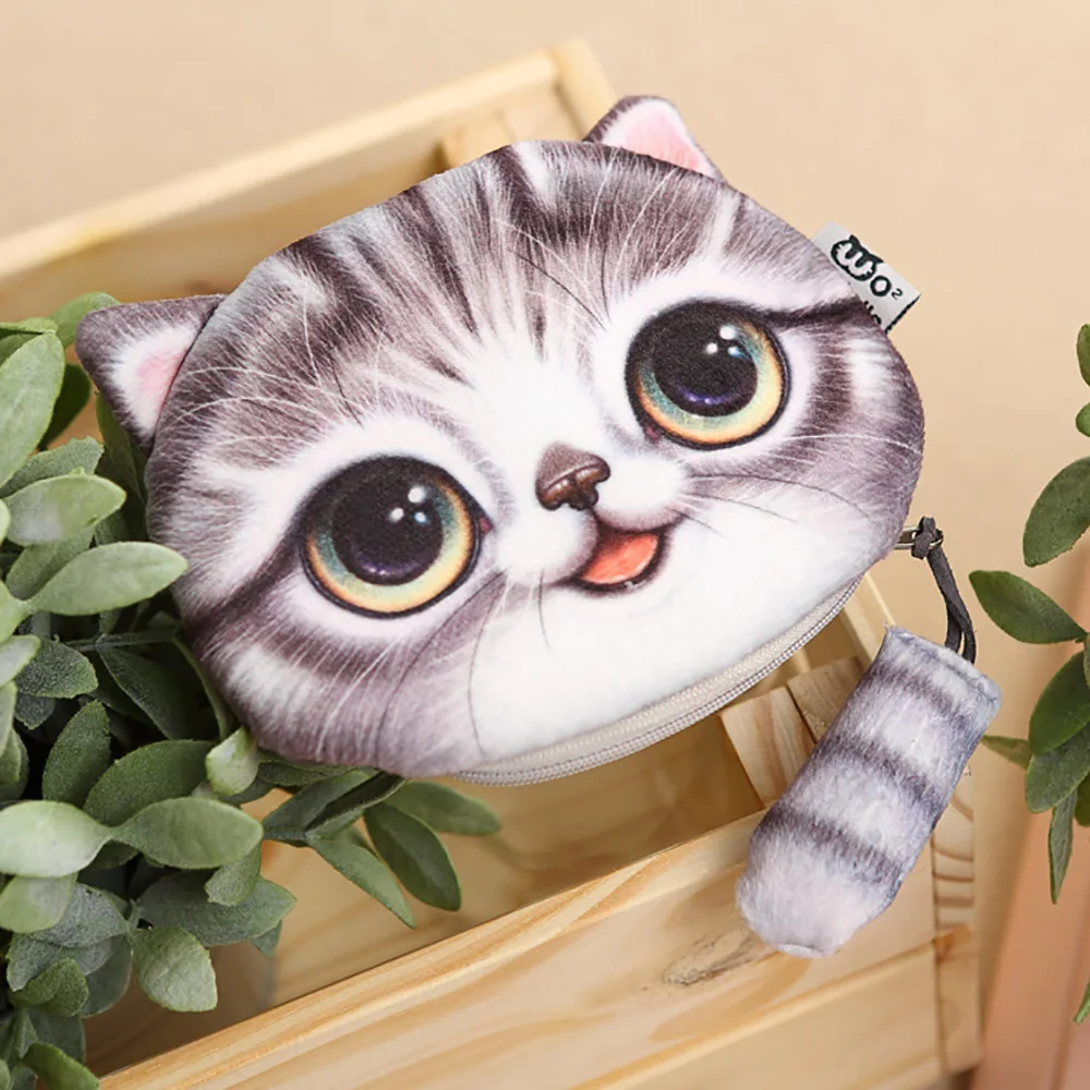 3D Printing Plush Cat Face Coin Wallet Purse Zipper Makeup Pouch