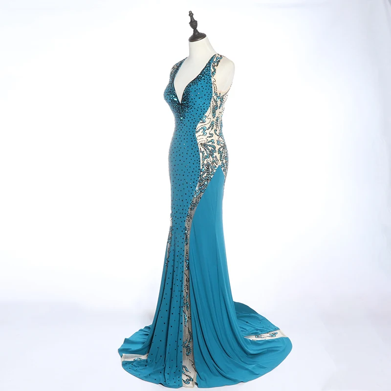 Elegant beaded blue ceremony apparel open back long mermaid evening dress