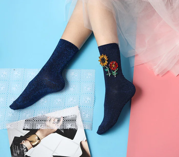 Женские носки со стразами, новинка, весенние носки до щиколотки с драгоценными камнями и цветами