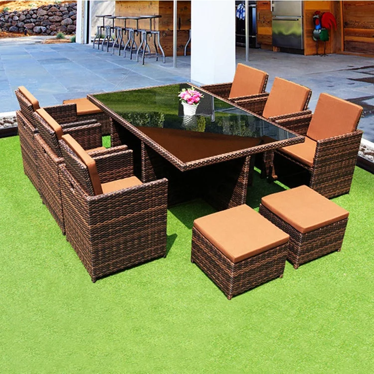 Unique Style Outdoor Wicker Furniture Woven Rattan Cube Dining Table Set Garden