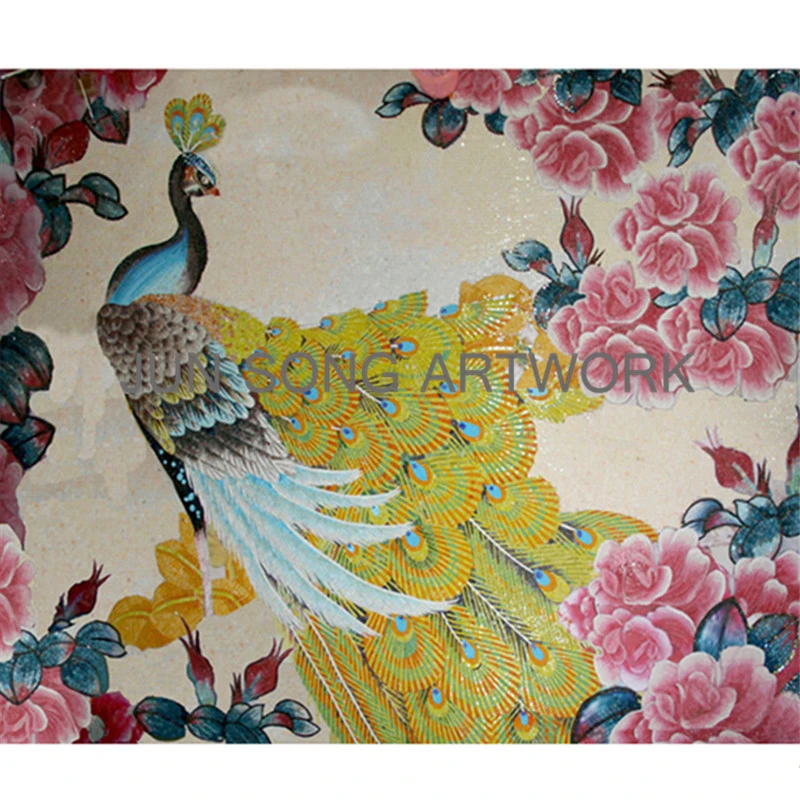 JS MAM-PC10 Handmade Wall Tile Murals Peacock Mosaic Glass Painting Pictures Designs