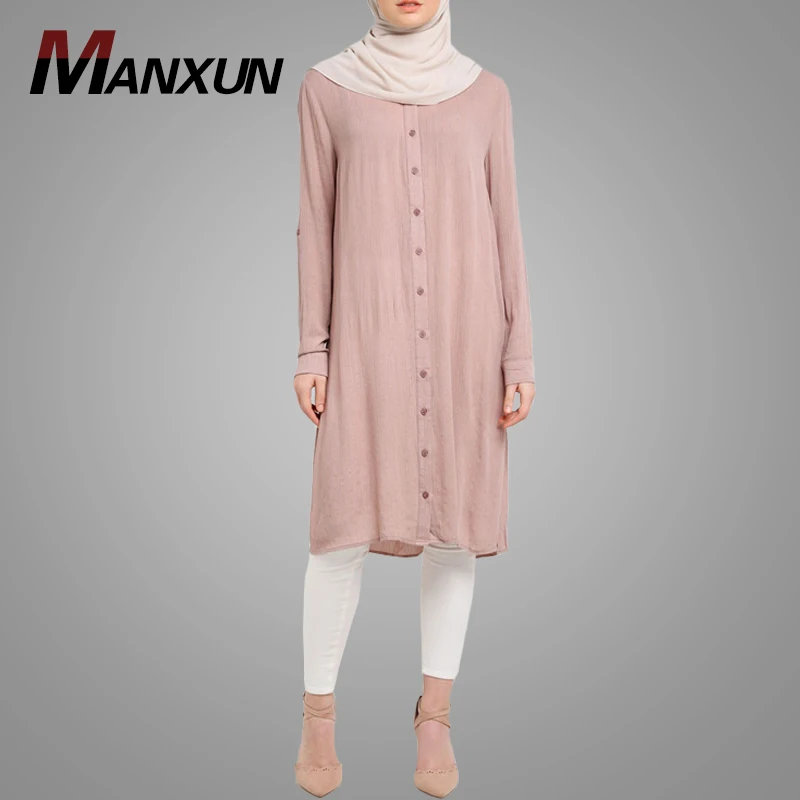 New Arrival Plain Crepe Buttoned Down Long Tunic Tops For Muslim Women Lady Blouse Long Sleeves Abaya Dress Islamic Clothing
