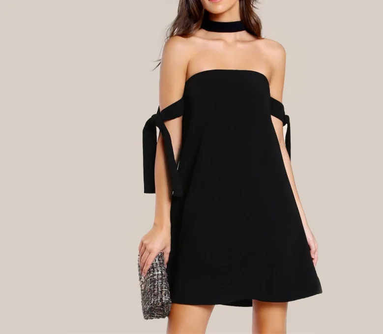 2022 Women Western Dresses Names Photos Sexy Off Shoulder Tie Sleeve Black Backless Short Mini Dress