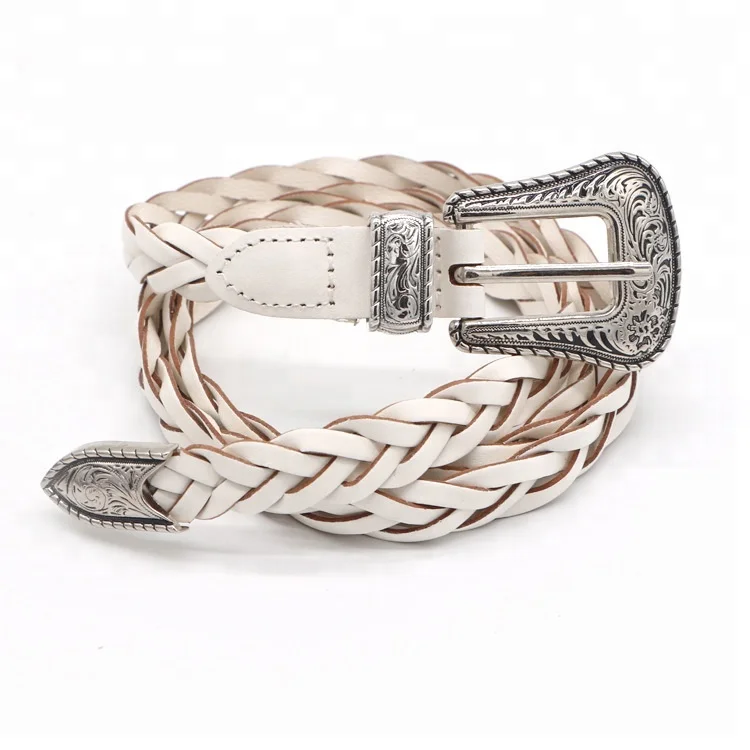 New vintage woven carved leather ladies thin belt pin buckles leather belt fashion wild casual narrow waist seal for women