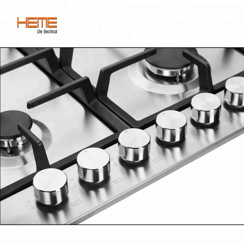 Durable Cast Iron Pan Support Stainless Steel Gas Hob Battery Ignition 6 Burner Built In Gas Cooktop