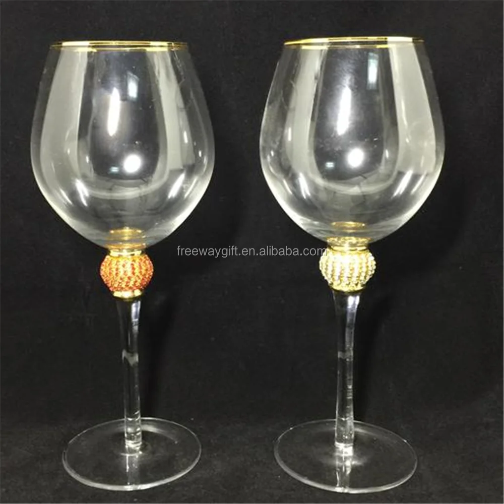 Diamond Gold Rimmed Wine Glasses Set  Wine Glass with Rhinestone Design and Gold Rim