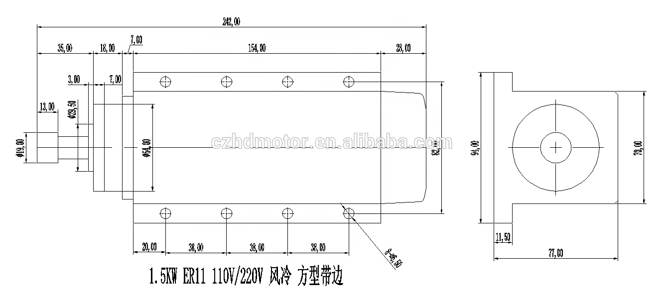 1.5 kw ER11High Speed Square Air Cooled Spindle Motor For CNC Router Machine Tool Spindle