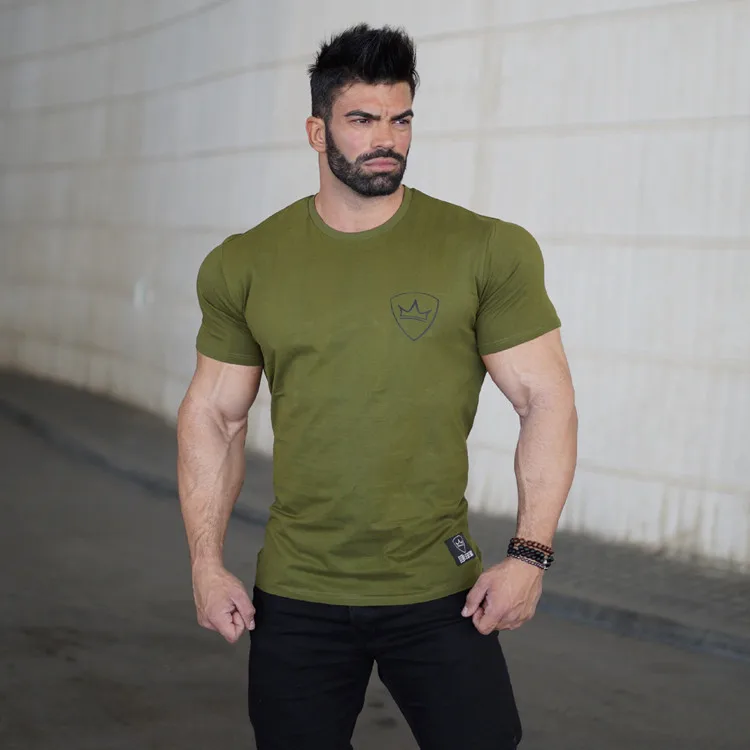 Wholesale O-neck Gym Tshirt Men Cotton Short Sleeve Gym Fitness Clothing Training Jogging Wear