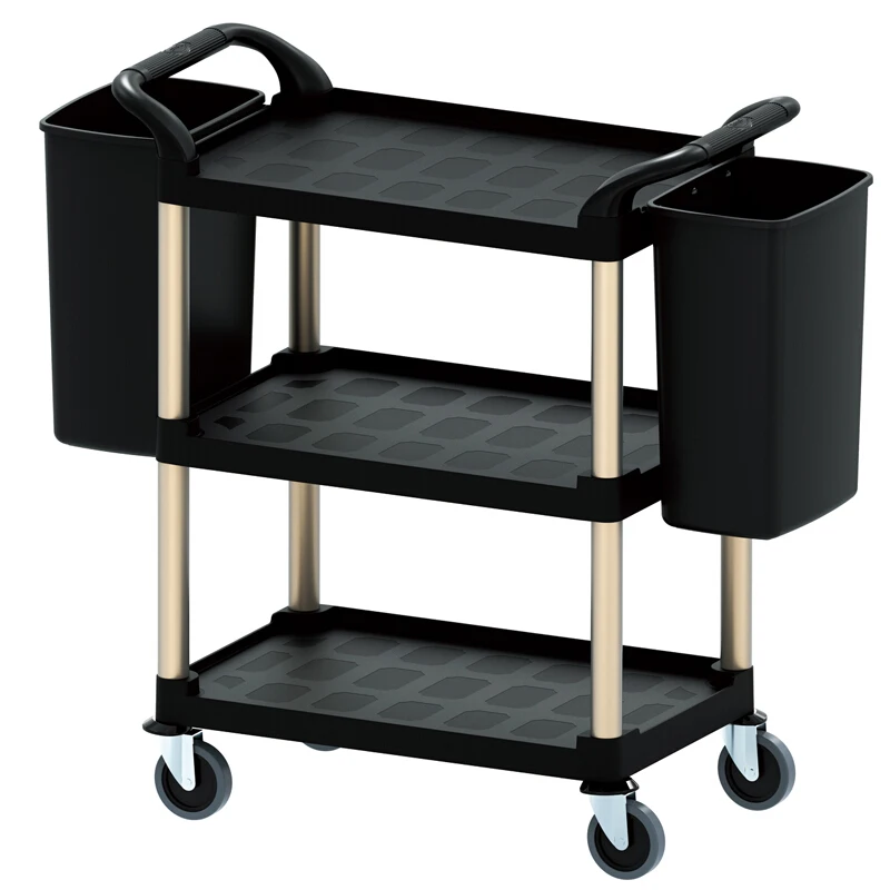 New style three-storey four-wheeled black plastic bowl collecting vehicle hotel serving cart with hand