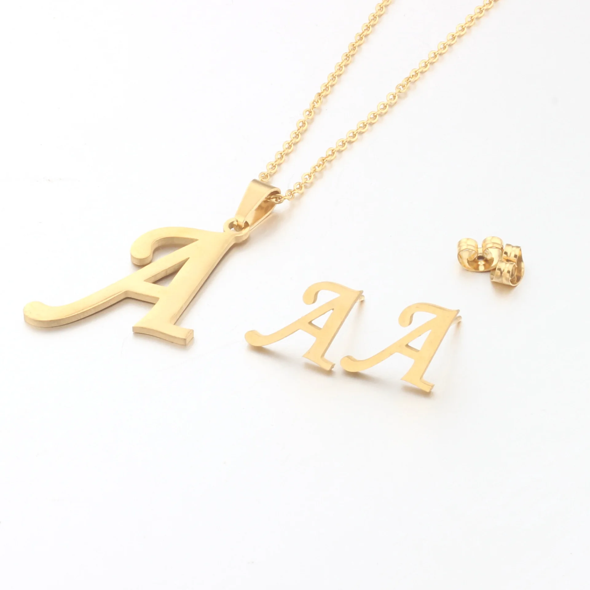 Gold Plated Initial Letter Jewelry Set A-Z Alphabet Letter Necklace Earrings Stainless Steel Jewelry Set
