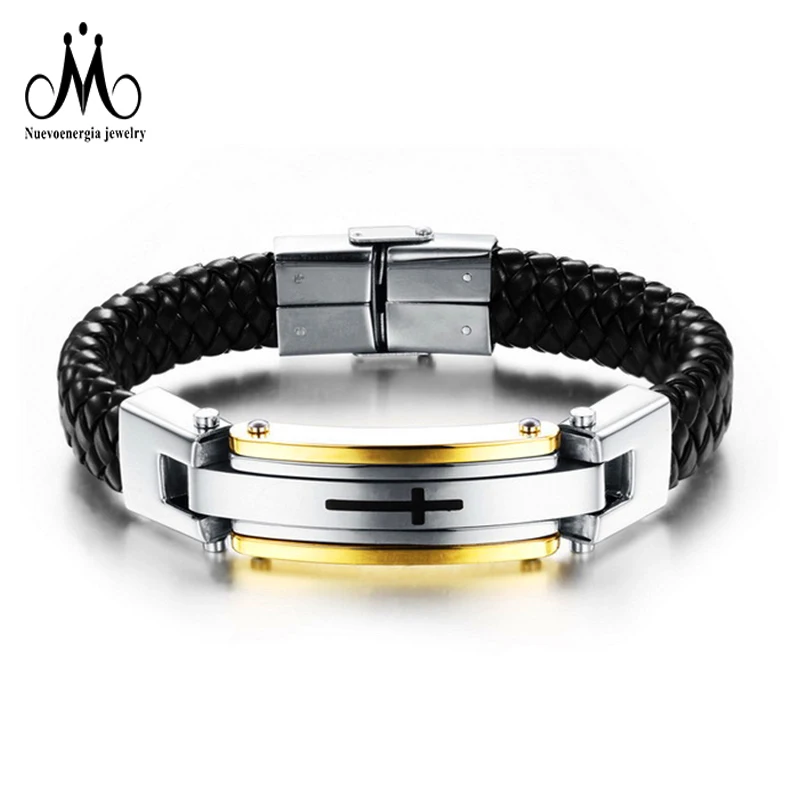 Holy Jesus Cross Braid Leather Bracelet Black Side Edge Bracelet For Sale