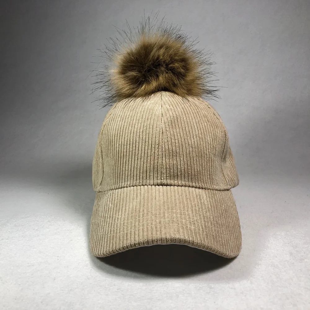 Wholesales small MOQ custom fashion plain blank corduroy cap with pom pom winter hat