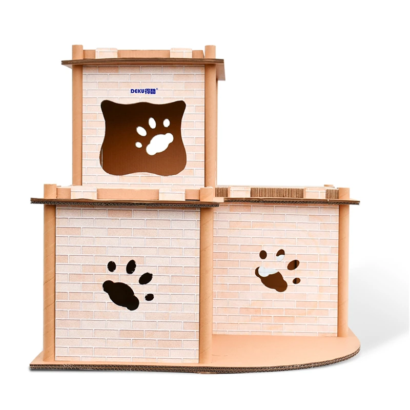 DEKU luxury  house Shape cat tower  flat package corrugated cardboard cat scratcher with free catnip manufacturer offer OME