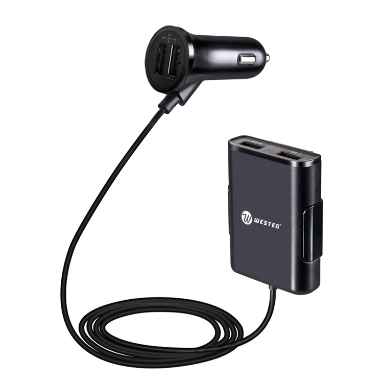 
mobile phone use 4 port 9.6A front and back seat car charger with 1.8 meter dual hub cable for Android/IOS smartphone 