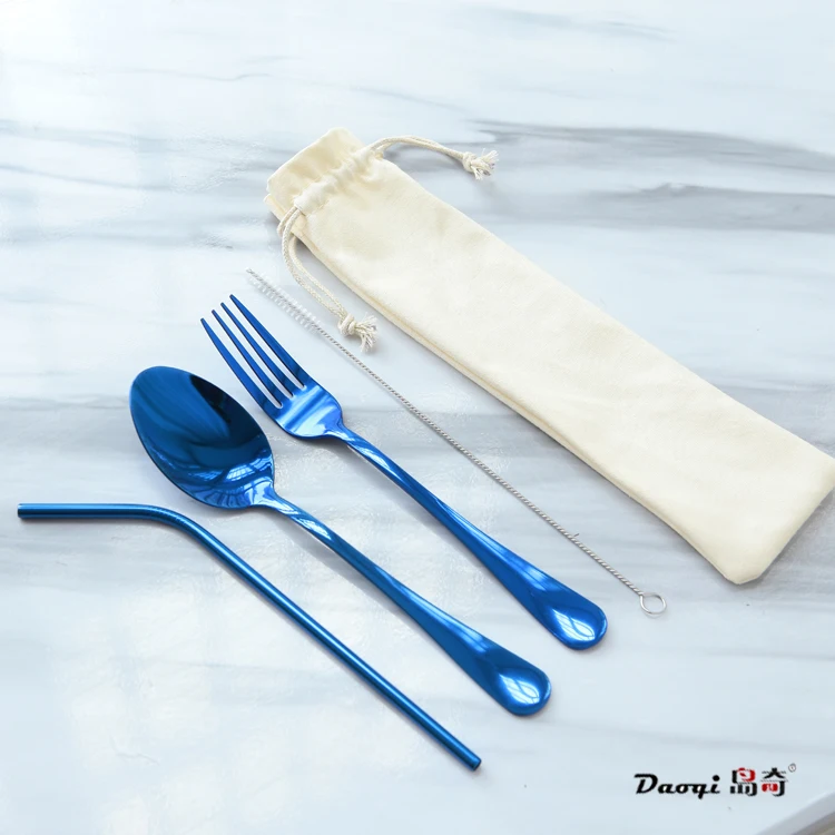 Customized logo dinnerware cutlery set modern design simple plain food safe travel cutlery set with pouch