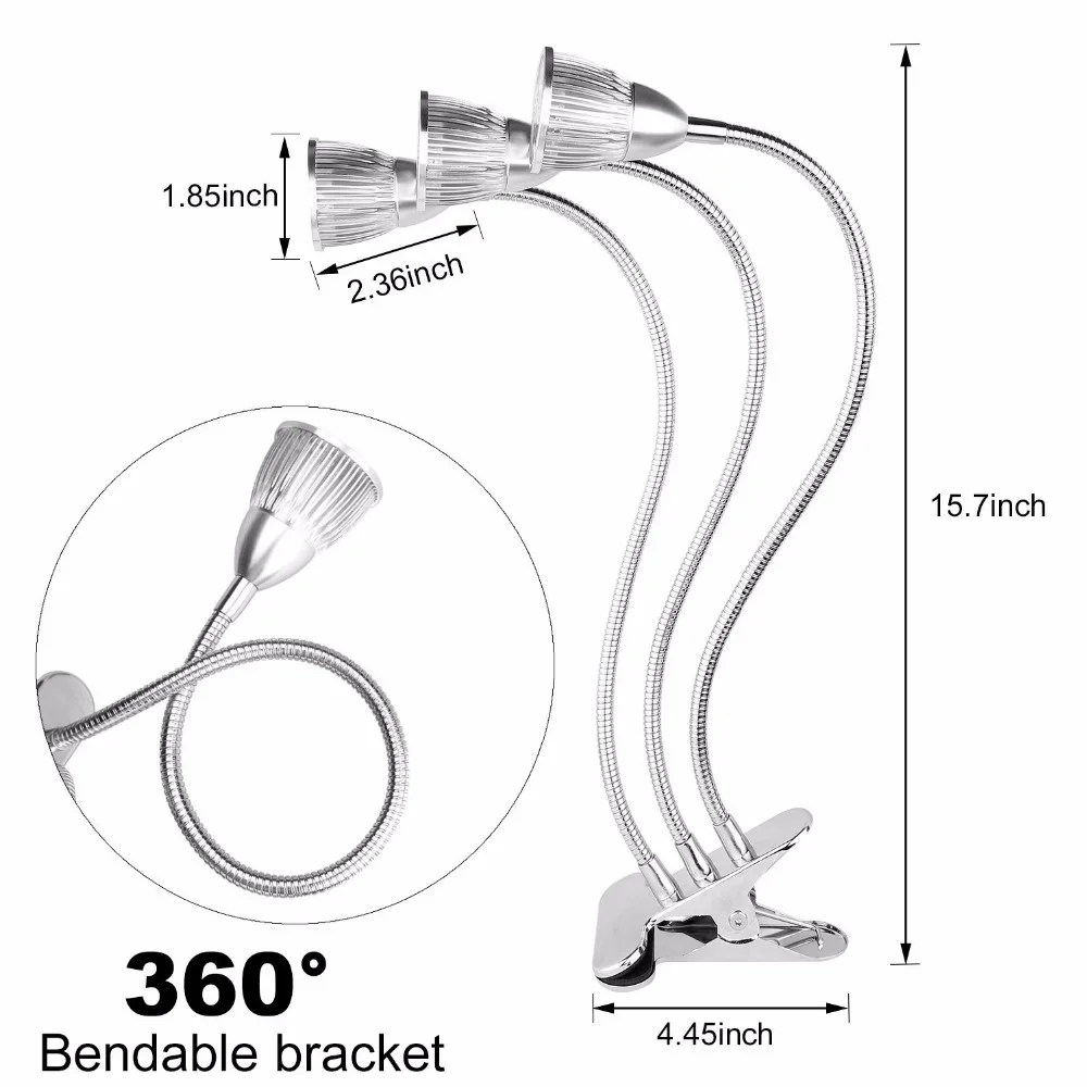 
Three Head Led Grow Light Desk Clip Lamp with 360 Degree Flexible Gooseneck and for Indoor Plants Greenhouse Office 