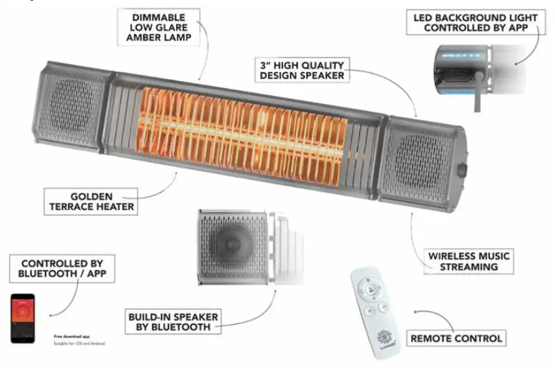 LIANGDI infrared outdoor heater with BT speaker and LED atmosphere light
