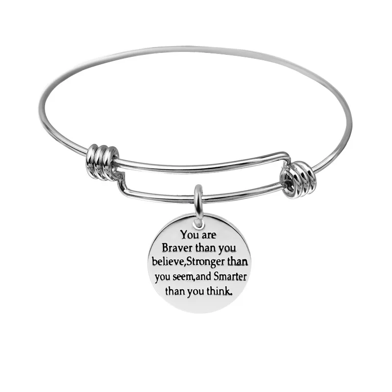 Womens Silver Stainless Steel message bracelet Engraved Message Motivational Inspirational Words Round Charm bracelet