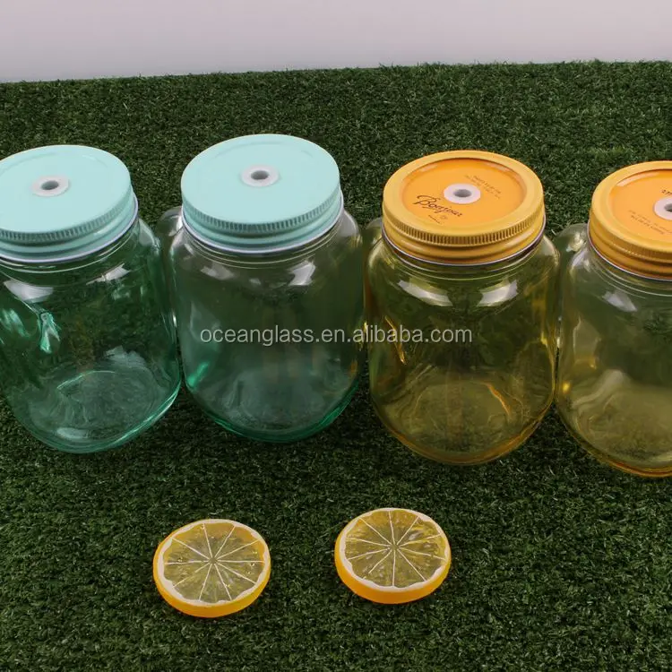 Colored glass drink cup with handle Mason jar mug with metal lids Wholesale 16oz drinking bottle with plastic straw
