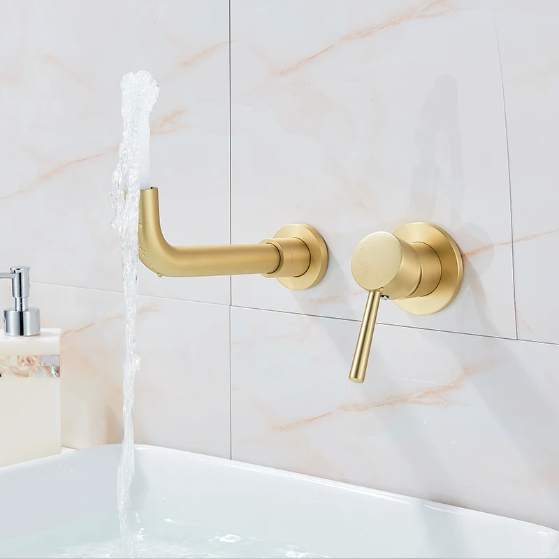 
New Hot Sale Brushed Golden Basin Faucet Concealed Wall Mounted Basin Hot Cold Water Bath Mixer Tap 360 Rotation Single Handle 