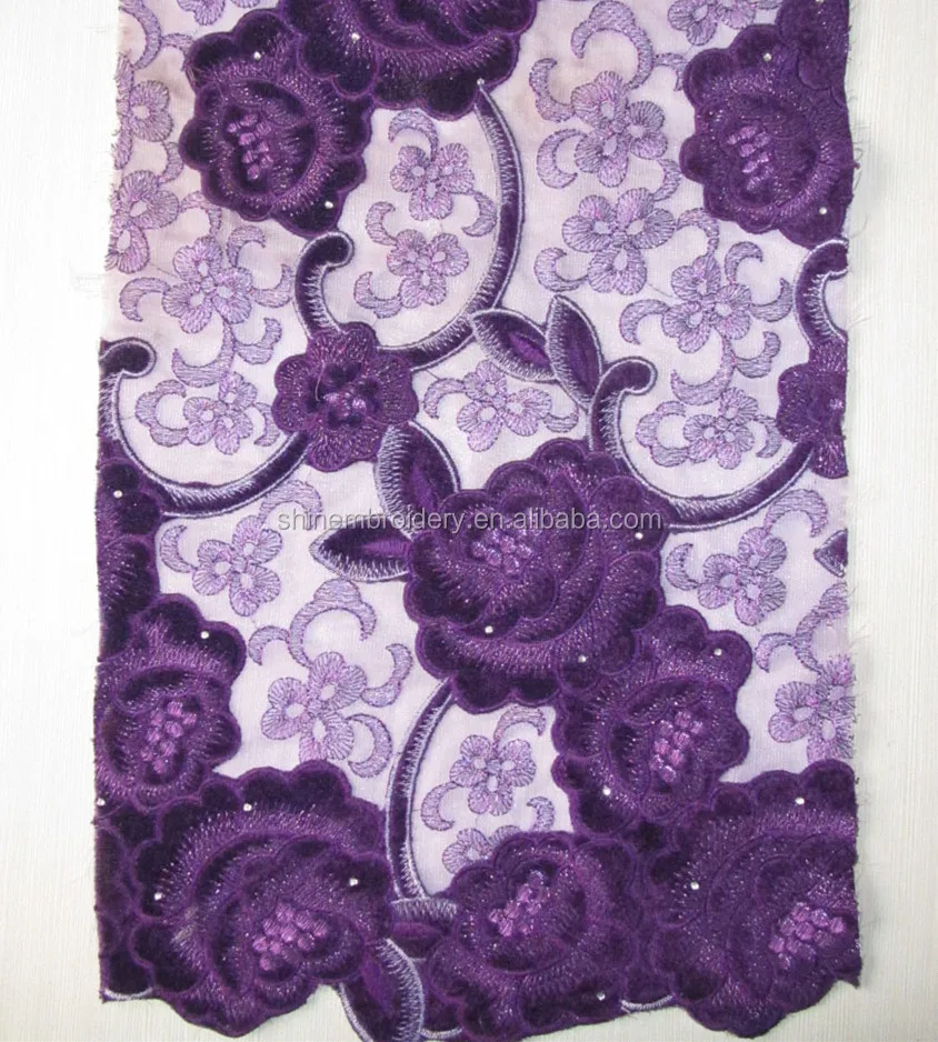 fancy tulle embroidery fabric with velvet patch work with stones for garment or dresses