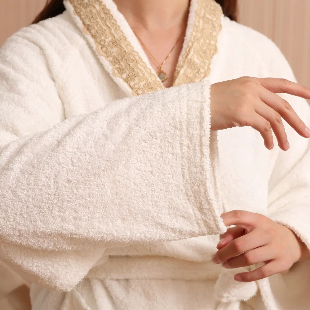 
100% Cotton Terry Couple Lace Bathrobe Hotel With Lace Hand Towel Bath Towel 