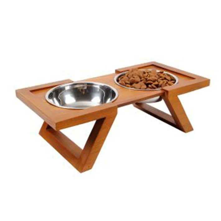 Petstar OEM Available Double Stainless Steel Dog Bowl Wooden Elevated Pet Feeder