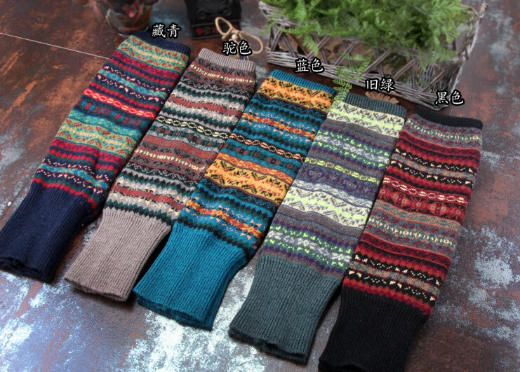 New Women Winter Stripes Leg Warmers Knee High Wool Aztec Knitted Leg Warmers