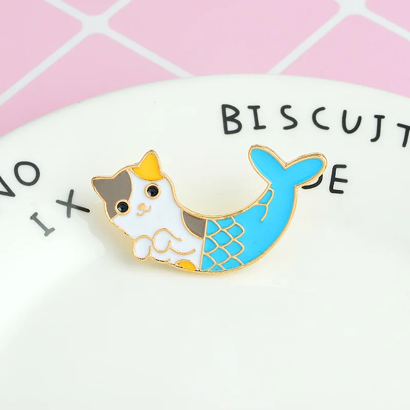 Mermaid Enamel Pin needle Half cat and half fish Cartoon cute animal badge Shirt cowboy hat backpack pins buckle
