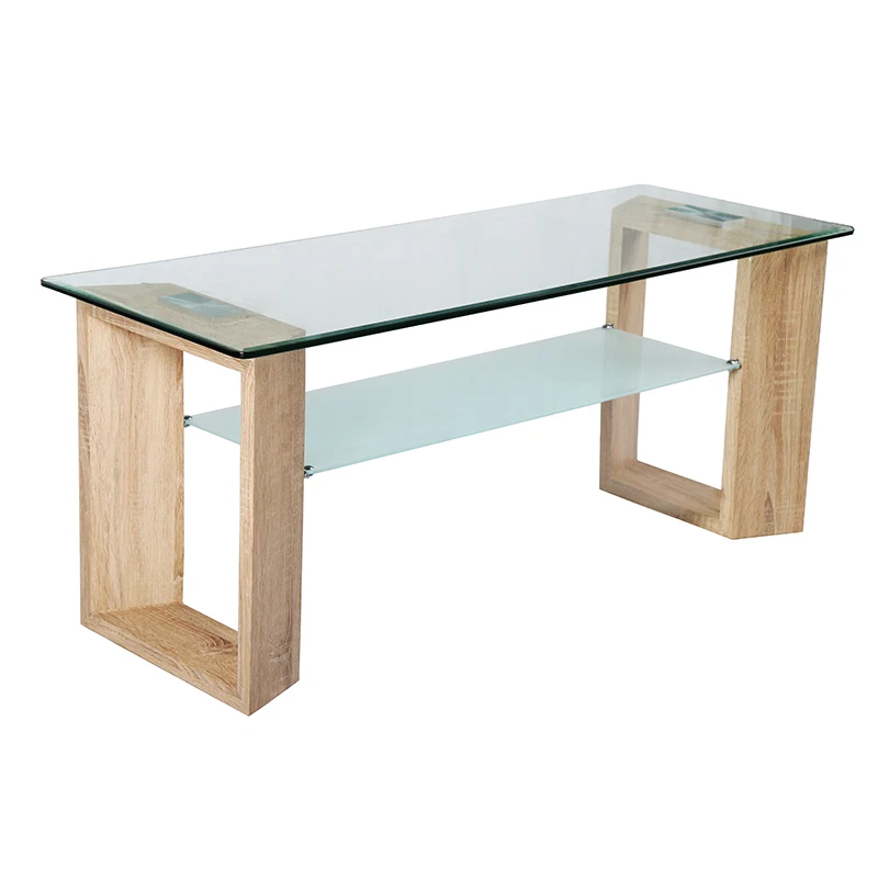 
china manufacturer living room furniture rectangle tempered glass double top coffee Table with beech wood leg 