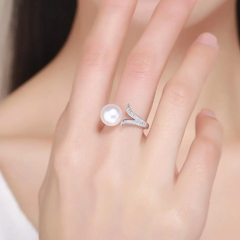 
BAGREER SCR248 New Fashion Designs Big Bead Pearl Opening Ring Pure Silver 925 CZ Stone Simple Adjustable Ring Women 