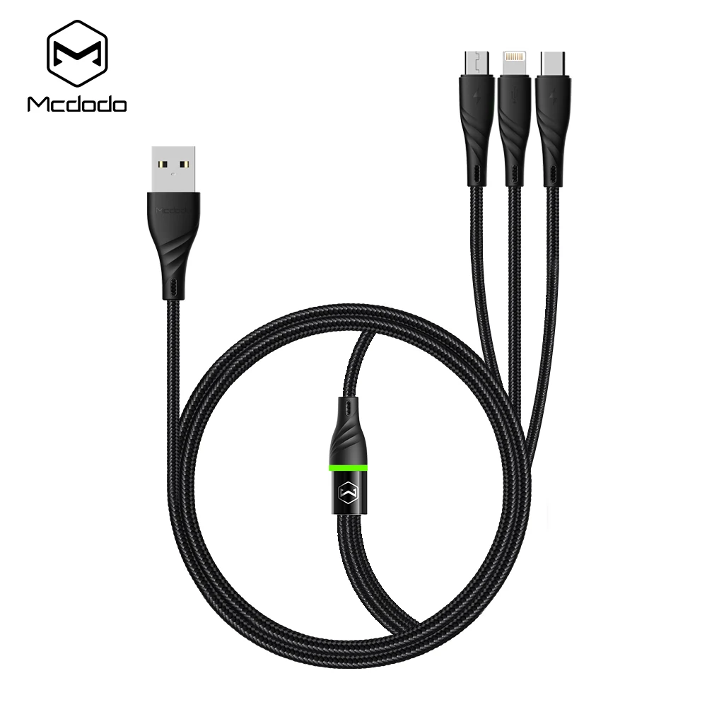 Mcdodo 2.4A быстрой зарядки светодиодное освещение Плетеный Нейлон Multi зарядное устройство кабель 3 в 1 Usb кабель для продажи