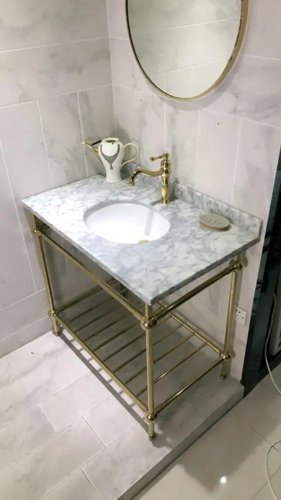 Classic style stainless steel golden frame marble top bathroom vanity