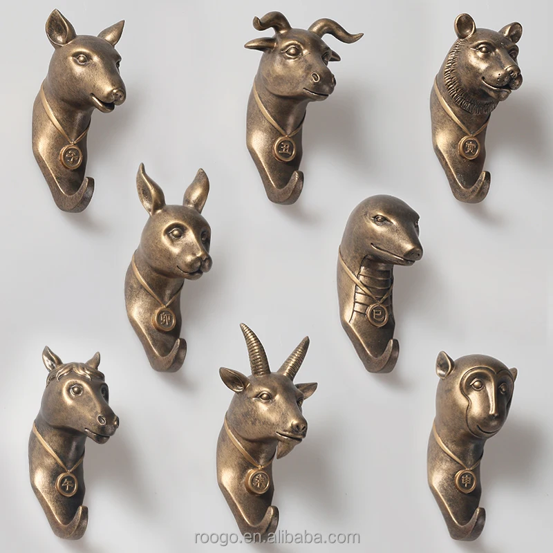 Roogo wholesale home decor simulation vintage bronze 12 zodiac snake head wall hanging hook