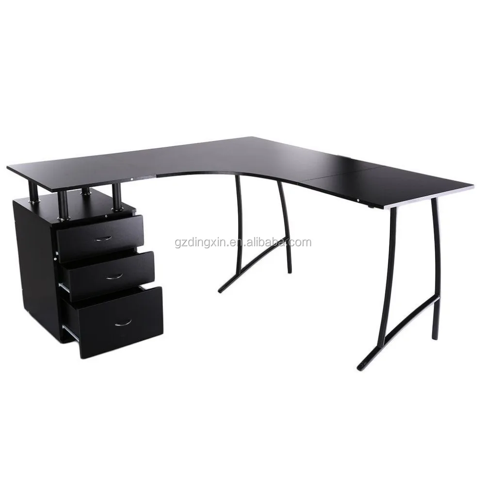 Black Corner Computer Desk Home Office PC Table with 3 Drawers L-Shaped