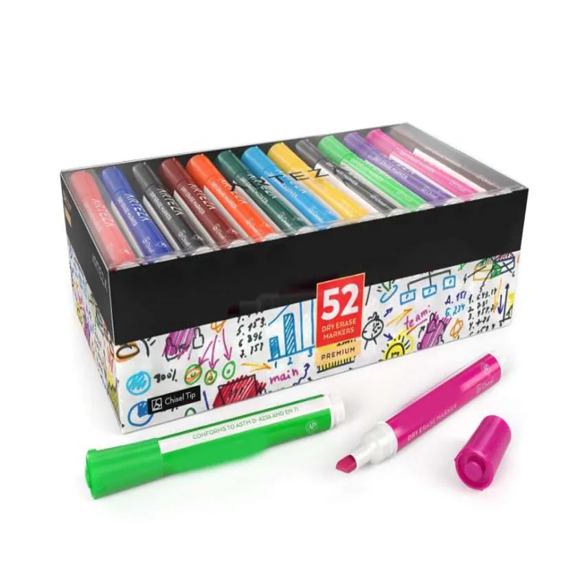 
52 Dry Erase Markers White Board Pens Chisel Tip 12 Assorted Colors Bulk Pack with Low-Odor Ink is perfect for School 