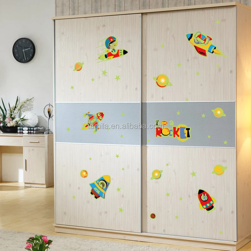 Night Glowing Spaceship Moon Star Fluorescent Sticker For Living Room Decorative PVC Wallpaper