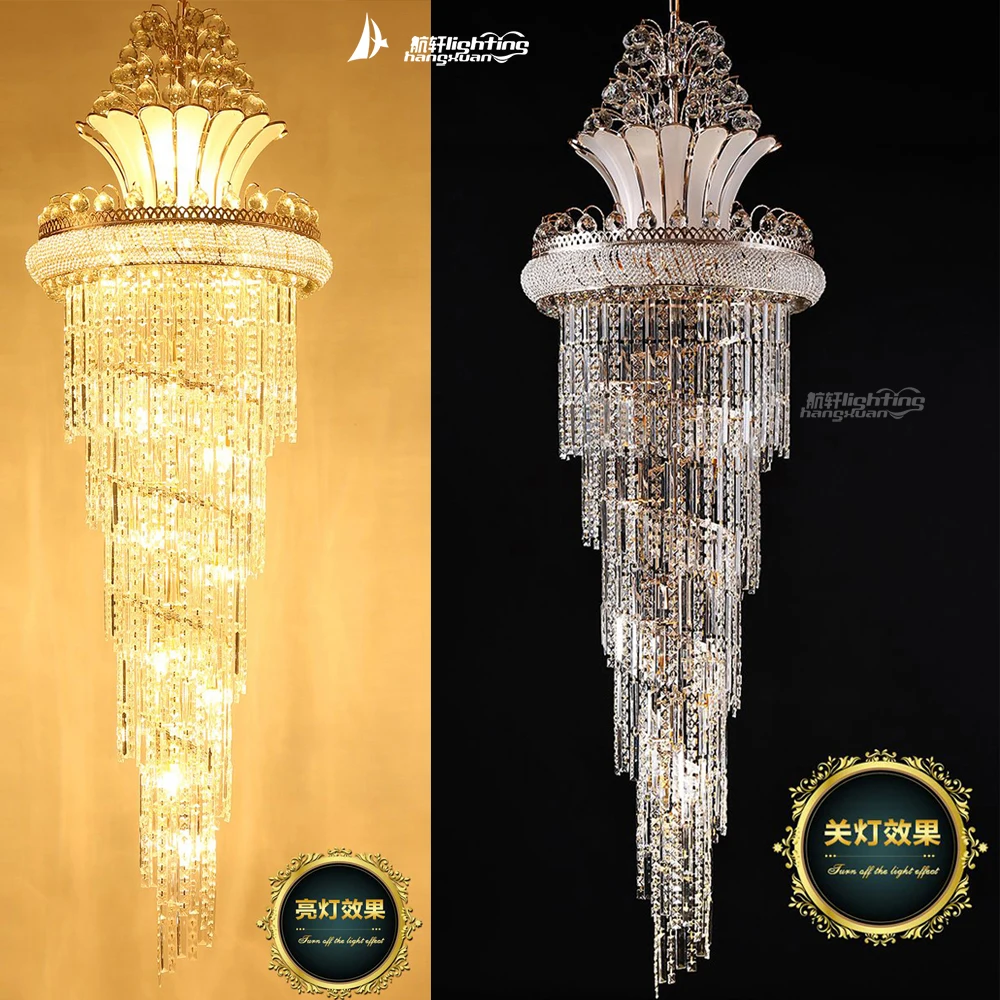 Modern staircase gold finish crystal chandelier indoor lighting with  long crystal chandelier for hotel flat