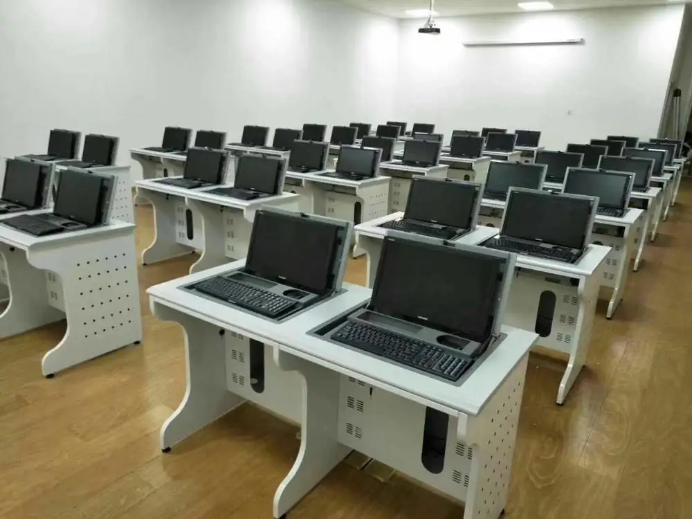 Manual double seat  student computer desk steel hidden monitor table