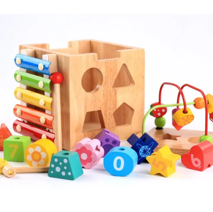 Montessori wooden toy kid intelligence cube box multi function treasure toy