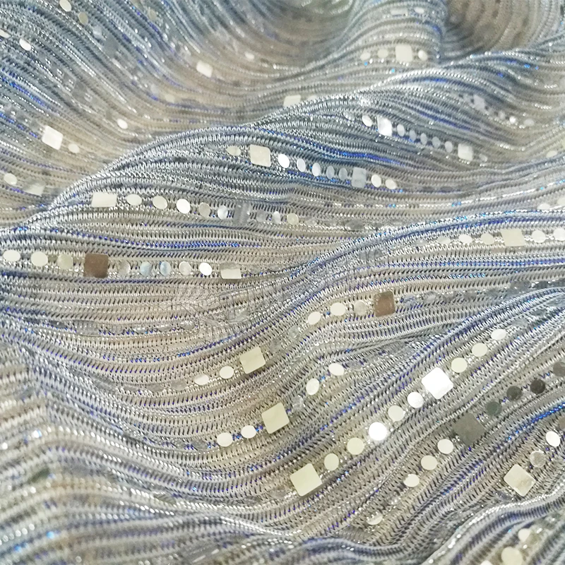 Shiny Blue Silver Metallic Lurex fabric With Line Sequin Spangle for Prom Dress