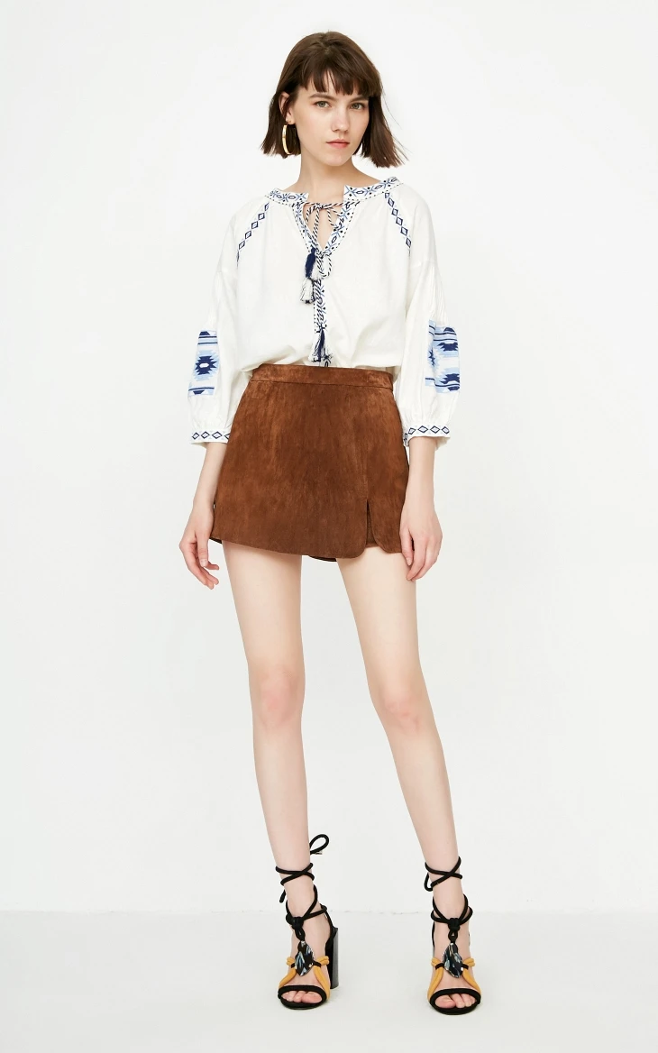 Women V-neck 3/4 Lantern Sleeves High Quality Linen Cotton Blouse For Summer