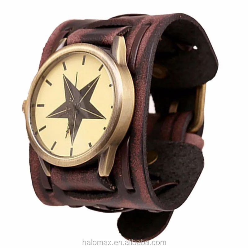 
2017 Fashion New Style Retro Punk Rock Brown Big Wide pu Leather Bracelet Cuff Men Watch 