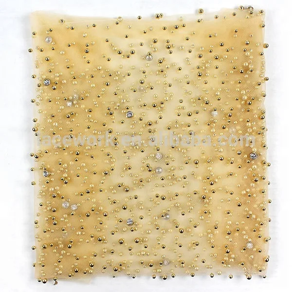 latest fashion french crystal beaded pearl lace fabric for wedding dress